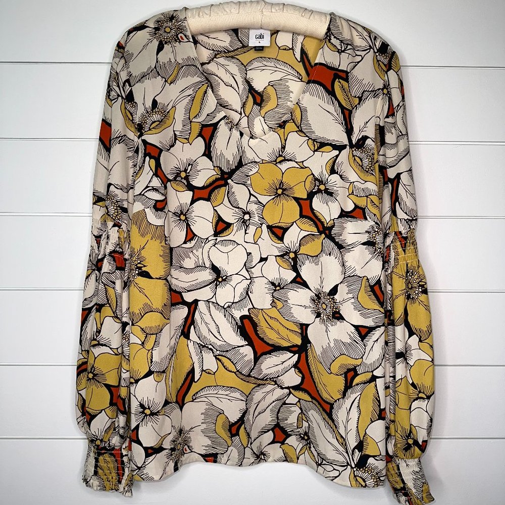 Cabi Sequel Blouse Women's Large Vibrant Bold Floral Poet Sleeve V-Neck Summer